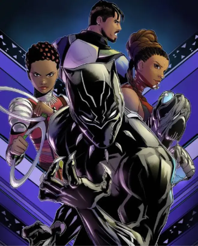  image dessinée représentant Black
                    Panther et ses deux alliées ainsi que son cousin